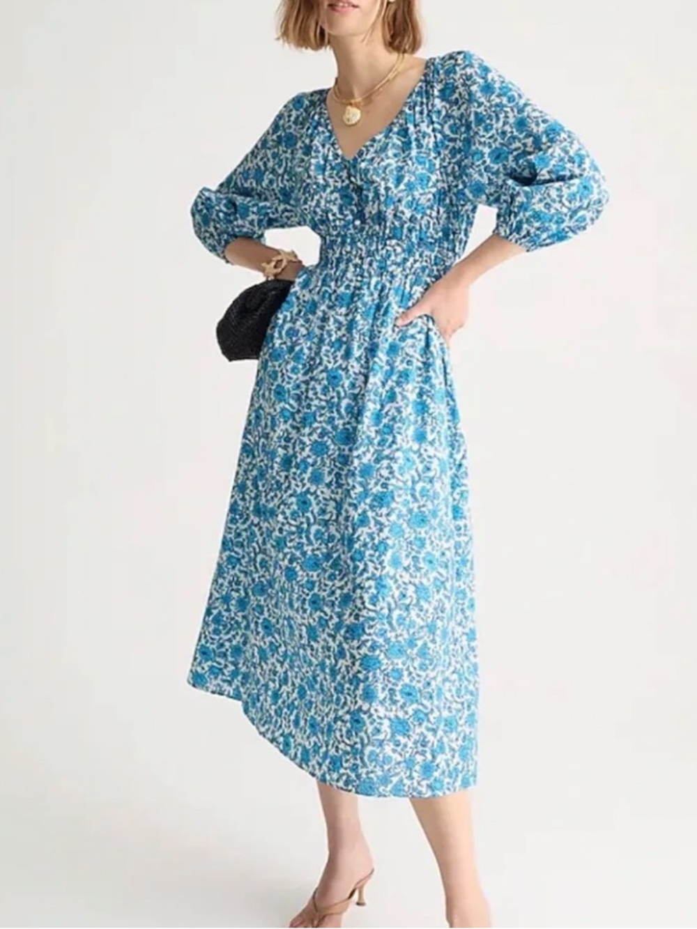 J.Crew V-neck Floral Smocked Midi Dress Blue Blooms Blockprint Pockets Size M